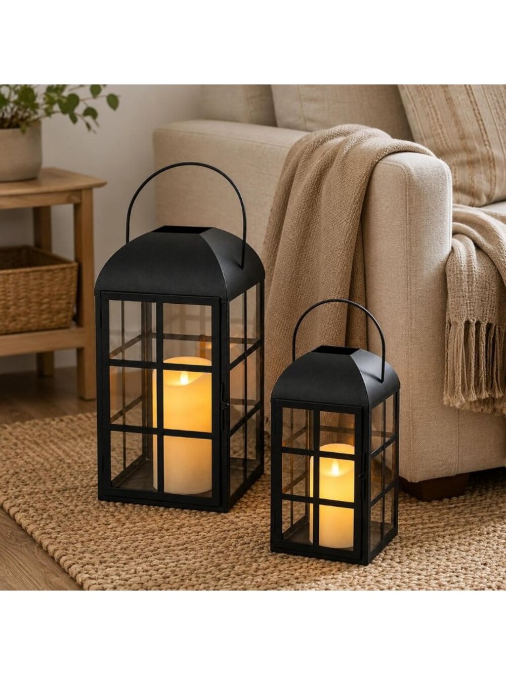 Set of 2 Modern Metal Candle Lanterns | Decorative Hanging Holders for